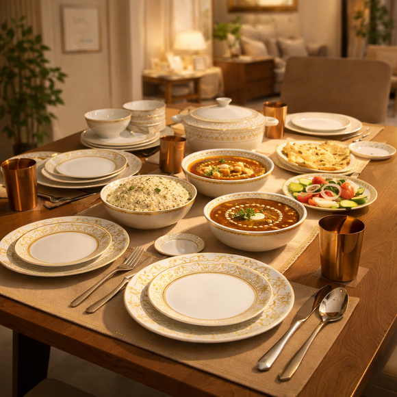 Comfy Homes Pure Melamine Round Dinner Set | 6 Dinner Plates, 6 Small Plates, 1 Serving Tray, 3 Big Serving Bowls with Lid, 12 Small Bowls, 6 Spoons, 4 Serving Spoons (SonaPatra)