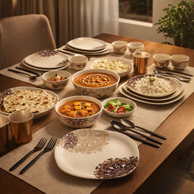 Comfy Homes 41 Pcs Melamine Dinner Set | Square Design with Dinner Plates, Small Plates, Serving Tray, Bowls with Lids, Spoons & Serving Spoons | Unbreakable & Lightweight Dinnerware (Purple Regalia)