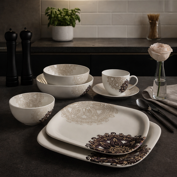 Comfy Homes 41 Pcs Melamine Dinner Set | Square Design with Dinner Plates, Small Plates, Serving Tray, Bowls with Lids, Spoons & Serving Spoons | Unbreakable & Lightweight Dinnerware (Purple Regalia)