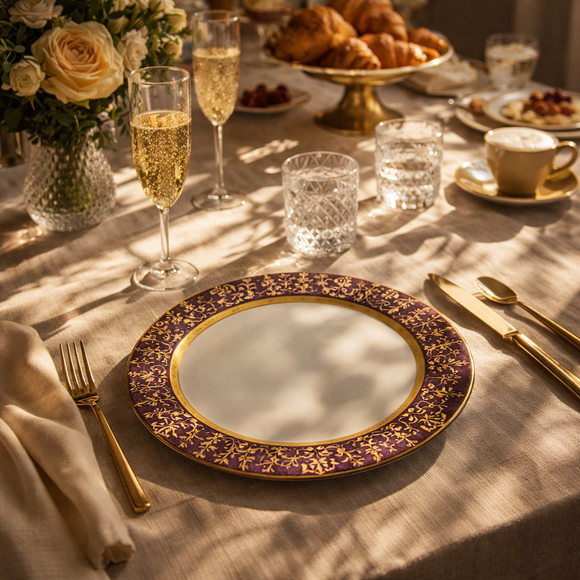 Comfy Homes 41 Pcs Melamine Dinner Set | Round Design with Dinner Plates, Small Plates, Serving Tray, Bowls with Lids, Spoons & Serving Spoons | Unbreakable & Lightweight Dinnerware (Purple Palace)