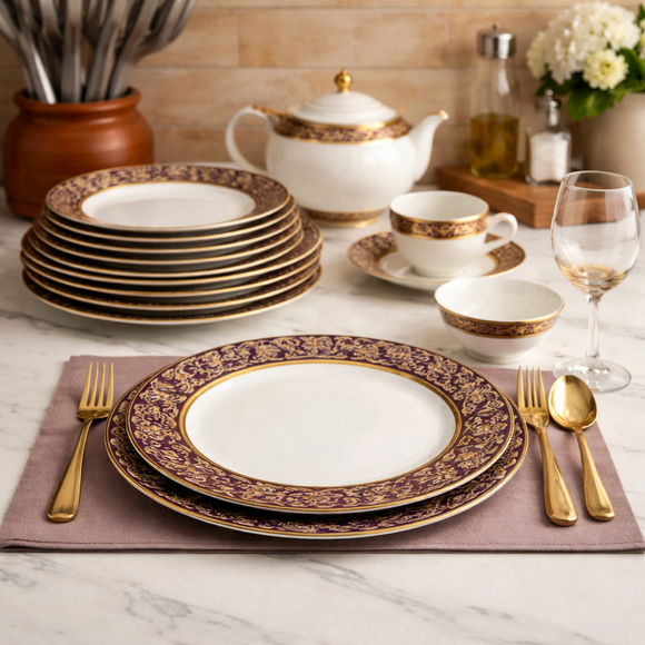 Comfy Homes 41 Pcs Melamine Dinner Set | Round Design with Dinner Plates, Small Plates, Serving Tray, Bowls with Lids, Spoons & Serving Spoons | Unbreakable & Lightweight Dinnerware (Purple Palace)