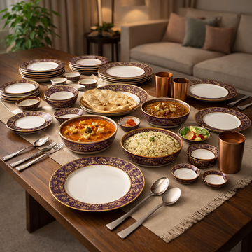 Comfy Homes 41 Pcs Melamine Dinner Set | Round Design with Dinner Plates, Small Plates, Serving Tray, Bowls with Lids, Spoons & Serving Spoons | Unbreakable & Lightweight Dinnerware (Purple Palace)