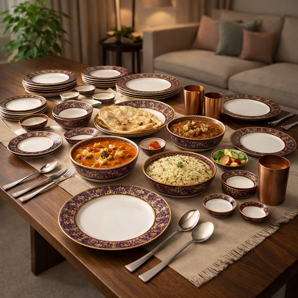 Comfy Homes 41 Pcs Melamine Dinner Set | Round Design with Dinner Plates, Small Plates, Serving Tray, Bowls with Lids, Spoons & Serving Spoons | Unbreakable & Lightweight Dinnerware (Purple Palace)