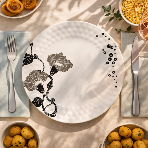 Comfy Homes 41 Pcs Melamine Dinner Set | Round Design with Dinner Plates, Small Plates, Serving Tray, Bowls with Lids, Spoons & Serving Spoons | Unbreakable & Lightweight Dinnerware (Black Magic)
