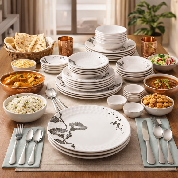 Comfy Homes 41 Pcs Melamine Dinner Set | Round Design with Dinner Plates, Small Plates, Serving Tray, Bowls with Lids, Spoons & Serving Spoons | Unbreakable & Lightweight Dinnerware (Black Magic)