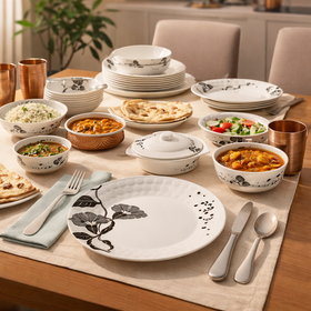 Comfy Homes 41 Pcs Melamine Dinner Set | Round Design with Dinner Plates, Small Plates, Serving Tray, Bowls with Lids, Spoons & Serving Spoons | Unbreakable & Lightweight Dinnerware (Black Magic)