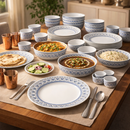 Comfy Homes 40 Pcs Melamine Dinner Set | Round Design with Dinner Plates, Small Plates, Serving Tray, Bowls with Lids, Spoons & Serving Spoons | Unbreakable & Lightweight Dinnerware (Blue Monarchy)-1