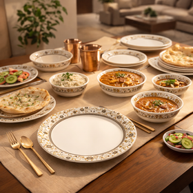 Comfy Homes Round Melamine 41 Pcs Dinner Set | 6 Dinner Plates, 6 Small Plates, 1 Serving Tray, 3 Big Serving Bowls with Lid, 12 Small Bowls, 6 Spoons, 4 Serving Spoons (Gulbahar Luxe)
