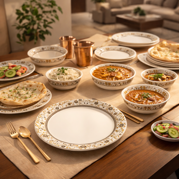Comfy Homes Round Melamine 41 Pcs Dinner Set | 6 Dinner Plates, 6 Small Plates, 1 Serving Tray, 3 Big Serving Bowls with Lid, 12 Small Bowls, 6 Spoons, 4 Serving Spoons (Gulbahar Luxe)