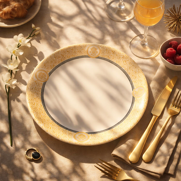 Comfy Homes Round Melamine 41 Pcs Dinner Set | 6 Dinner Plates, 6 Small Plates, 1 Serving Tray, 3 Big Serving Bowls with Lid, 12 Small Bowls, 6 Spoons, 4 Serving Spoons (Rajwada Royale)