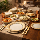 Comfy Homes Round Melamine 41 Pcs Dinner Set | 6 Dinner Plates, 6 Small Plates, 1 Serving Tray, 3 Big Serving Bowls with Lid, 12 Small Bowls, 6 Spoons, 4 Serving Spoons (Rajwada Royale)-1