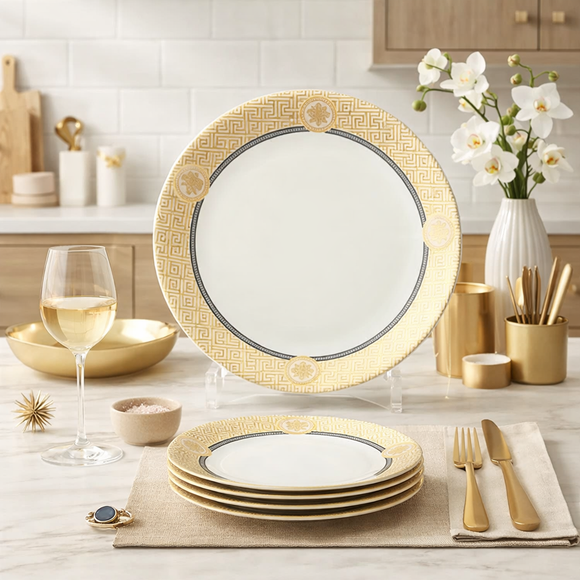 Comfy Homes Round Melamine 41 Pcs Dinner Set | 6 Dinner Plates, 6 Small Plates, 1 Serving Tray, 3 Big Serving Bowls with Lid, 12 Small Bowls, 6 Spoons, 4 Serving Spoons (Rajwada Royale)