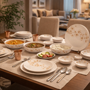 Comfy Homes Round Melamine 41 Pcs Dinner Set | 6 Dinner Plates, 6 Small Plates, 1 Serving Tray, 3 Big Serving Bowls with Lid, 12 Small Bowls, 6 Spoons, 4 Serving Spoons (Amber Grace)-1