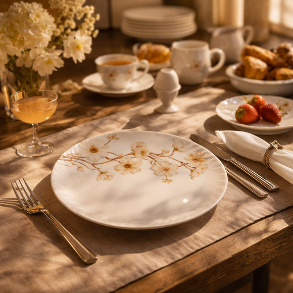 Comfy Homes Round Melamine 41 Pcs Dinner Set | 6 Dinner Plates, 6 Small Plates, 1 Serving Tray, 3 Big Serving Bowls with Lid, 12 Small Bowls, 6 Spoons, 4 Serving Spoons (Amber Grace)