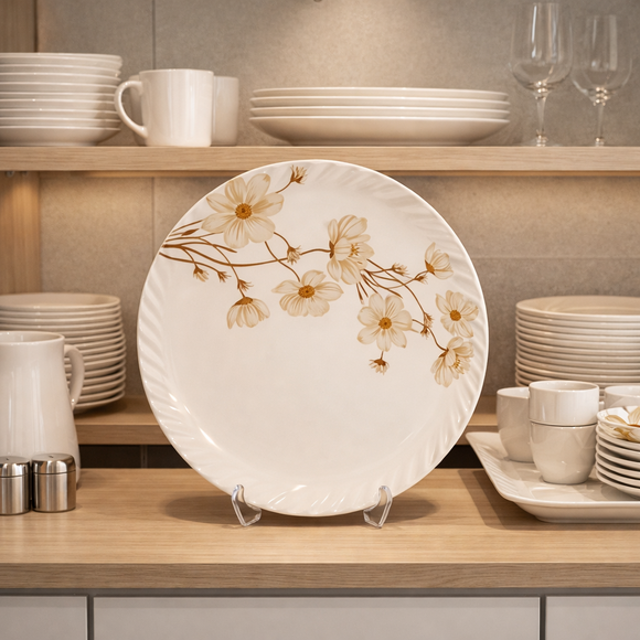 Comfy Homes Round Melamine 41 Pcs Dinner Set | 6 Dinner Plates, 6 Small Plates, 1 Serving Tray, 3 Big Serving Bowls with Lid, 12 Small Bowls, 6 Spoons, 4 Serving Spoons (Amber Grace)