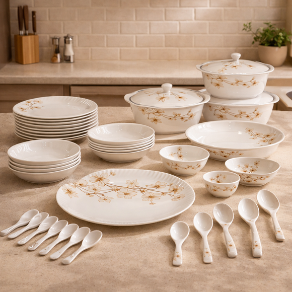 Comfy Homes Round Melamine 41 Pcs Dinner Set | 6 Dinner Plates, 6 Small Plates, 1 Serving Tray, 3 Big Serving Bowls with Lid, 12 Small Bowls, 6 Spoons, 4 Serving Spoons (Amber Grace)