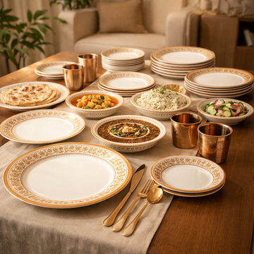 Comfy Homes Round Melamine 41 Pcs Dinner Set | 6 Dinner Plates, 6 Small Plates, 1 Serving Tray, 3 Big Serving Bowls with Lid, 12 Small Bowls, 6 Spoons, 4 Serving Spoons (Kesar Bloom)