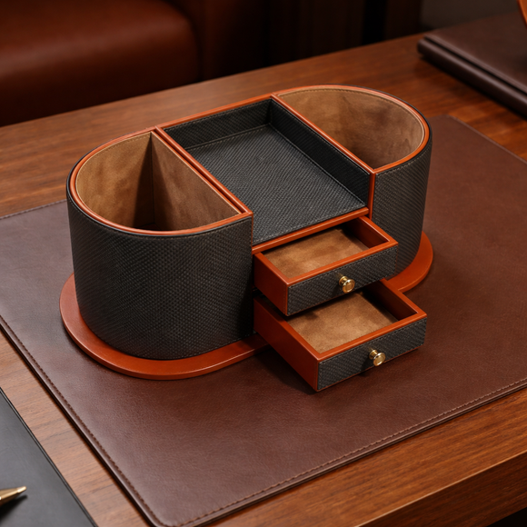 The Executive Command Center: Handcrafted Vegan Leather Desk Oval Caddy (Sparkling Orange)