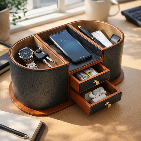 The Executive Command Center: Handcrafted Vegan Leather Desk Oval Caddy (Sparkling Orange)