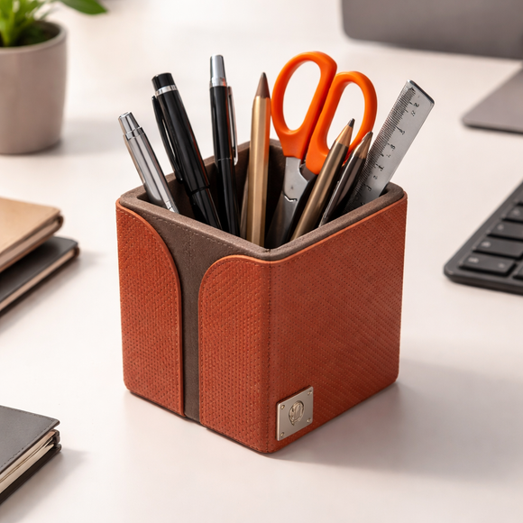 The Sovereign Collection: Classic Single-Slot Vegan Leather Pen Cup (Shiny Orange)