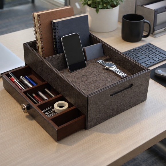 The Triad Collection: Handcrafted Vegan Leather Desk Organizer - 3 Slot (Marble Grey)
