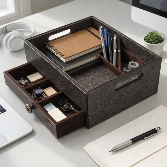 The Triad Collection: Handcrafted Vegan Leather Desk Organizer - 3 Slot (Marble Grey)