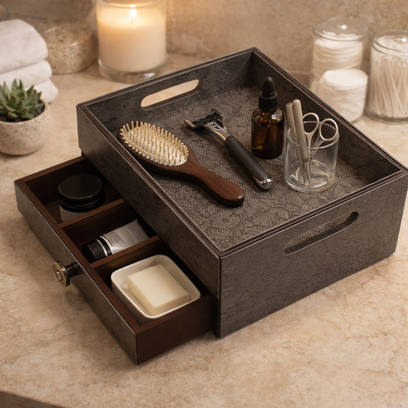 The Triad Collection: Handcrafted Vegan Leather Desk Organizer - 3 Slot (Marble Grey)