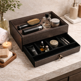 The Triad Collection: Handcrafted Vegan Leather Desk Organizer - 5 Slot (Marble Grey)