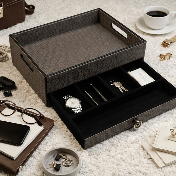 The Triad Collection: Handcrafted Vegan Leather Desk Organizer - 5 Slot (Marble Grey)