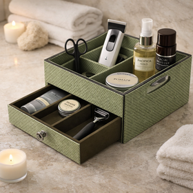 The Triad Collection: Handcrafted Vegan Leather Desk Organizer - 3 Slot (Military Green) - 0