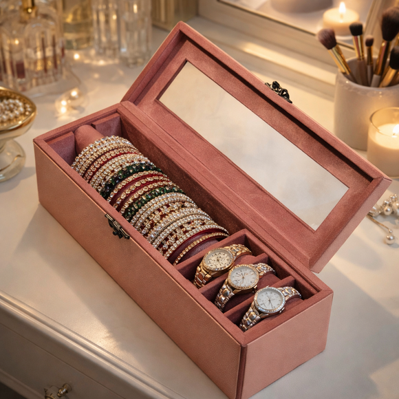 The Sovereign Collection: Premium Vegan Leather Watch & Bangle Organizer (Royal Pink)
