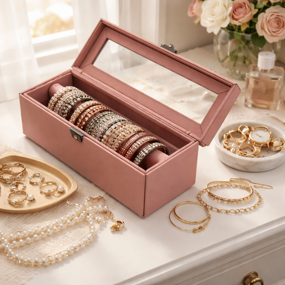 The Sovereign Collection: Premium Vegan Leather Watch & Bangle Organizer (Royal Pink)