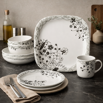24 Pcs Melamine Dinner Set | Square Design with Dinner Plates, Small Plates, Serving Tray, Bowls with Lids, Spoons & Serving Spoons | Unbreakable & Lightweight Dinnerware (Midnight Garden)