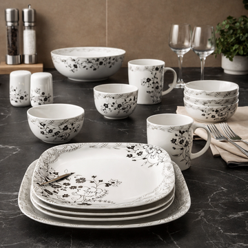 32 Pcs Melamine Dinner Set | Square Design with Dinner Plates, Small Plates, Serving Tray, Bowls with Lids, Spoons & Serving Spoons | Unbreakable & Lightweight Dinnerware (Midnight Garden)