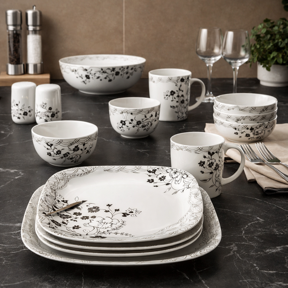 40 Pcs Melamine Dinner Set | Square Design with Dinner Plates, Small Plates, Serving Tray, Bowls with Lids, Spoons & Serving Spoons | Unbreakable & Lightweight Dinnerware (Midnight Garden)