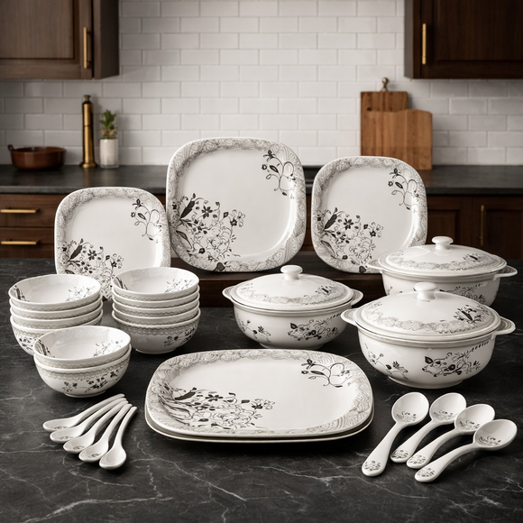 40 Pcs Melamine Dinner Set | Square Design with Dinner Plates, Small Plates, Serving Tray, Bowls with Lids, Spoons & Serving Spoons | Unbreakable & Lightweight Dinnerware (Midnight Garden)