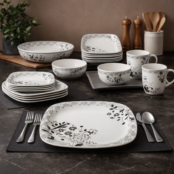 40 Pcs Melamine Dinner Set | Square Design with Dinner Plates, Small Plates, Serving Tray, Bowls with Lids, Spoons & Serving Spoons | Unbreakable & Lightweight Dinnerware (Midnight Garden)