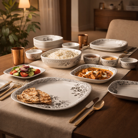 24 Pcs Melamine Dinner Set | Square Design with Dinner Plates, Small Plates, Serving Tray, Bowls with Lids, Spoons & Serving Spoons | Unbreakable & Lightweight Dinnerware (Midnight Garden) - 0