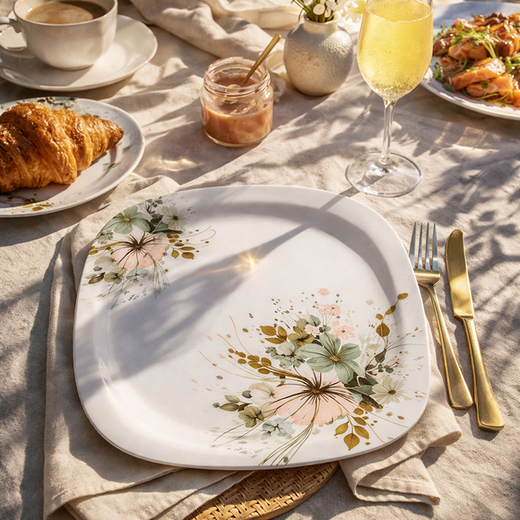 32 Pcs Melamine Dinner Set | Square Design with Dinner Plates, Small Plates, Serving Tray, Bowls with Lids, Spoons & Serving Spoons | Unbreakable & Lightweight Dinnerware (Jade Vista)