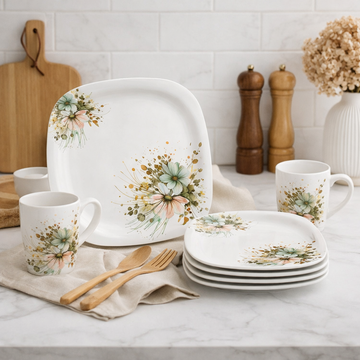 24 Pcs Melamine Dinner Set | Square Design with Dinner Plates, Small Plates, Serving Tray, Bowls with Lids, Spoons & Serving Spoons | Unbreakable & Lightweight Dinnerware (Jade Vista)