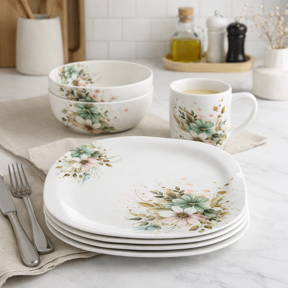 32 Pcs Melamine Dinner Set | Square Design with Dinner Plates, Small Plates, Serving Tray, Bowls with Lids, Spoons & Serving Spoons | Unbreakable & Lightweight Dinnerware (Jade Vista)