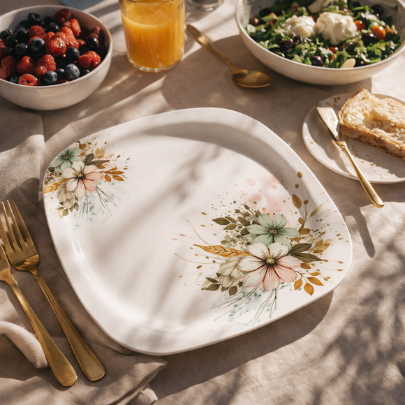 32 Pcs Melamine Dinner Set | Square Design with Dinner Plates, Small Plates, Serving Tray, Bowls with Lids, Spoons & Serving Spoons | Unbreakable & Lightweight Dinnerware (Jade Vista)