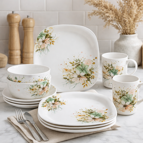 32 Pcs Melamine Dinner Set | Square Design with Dinner Plates, Small Plates, Serving Tray, Bowls with Lids, Spoons & Serving Spoons | Unbreakable & Lightweight Dinnerware (Jade Vista)