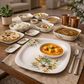 32 Pcs Melamine Dinner Set | Square Design with Dinner Plates, Small Plates, Serving Tray, Bowls with Lids, Spoons & Serving Spoons | Unbreakable & Lightweight Dinnerware (Jade Vista)