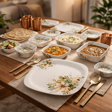 24 Pcs Melamine Dinner Set | Square Design with Dinner Plates, Small Plates, Serving Tray, Bowls with Lids, Spoons & Serving Spoons | Unbreakable & Lightweight Dinnerware (Jade Vista) - 0