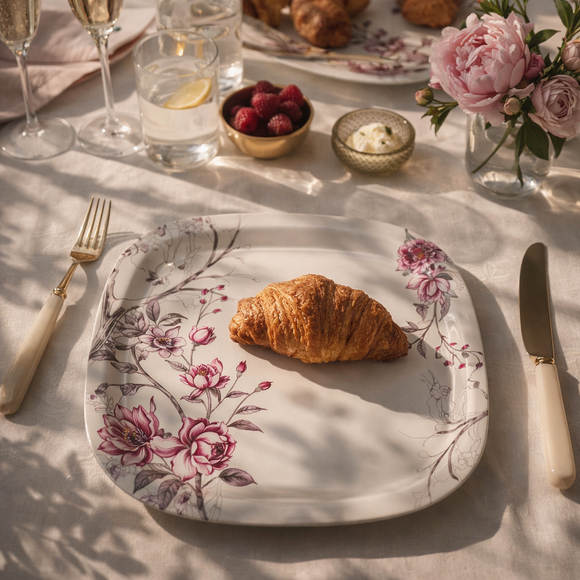 32 Pcs Melamine Dinner Set | Square Design with Dinner Plates, Small Plates, Serving Tray, Bowls with Lids, Spoons & Serving Spoons | Unbreakable & Lightweight Dinnerware (Cherry Blossom)