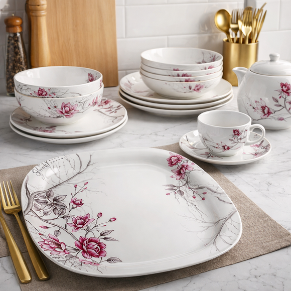 32 Pcs Melamine Dinner Set | Square Design with Dinner Plates, Small Plates, Serving Tray, Bowls with Lids, Spoons & Serving Spoons | Unbreakable & Lightweight Dinnerware (Cherry Blossom)