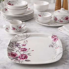24 Pcs Melamine Dinner Set | Square Design with Dinner Plates, Small Plates, Serving Tray, Bowls with Lids, Spoons & Serving Spoons | Unbreakable & Lightweight Dinnerware (Cherry Blossom)