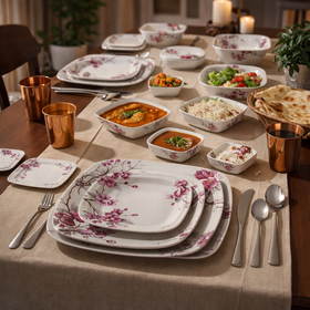 32 Pcs Melamine Dinner Set | Square Design with Dinner Plates, Small Plates, Serving Tray, Bowls with Lids, Spoons & Serving Spoons | Unbreakable & Lightweight Dinnerware (Cherry Blossom)