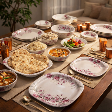 24 Pcs Melamine Dinner Set | Square Design with Dinner Plates, Small Plates, Serving Tray, Bowls with Lids, Spoons & Serving Spoons | Unbreakable & Lightweight Dinnerware (Cherry Blossom) - 0